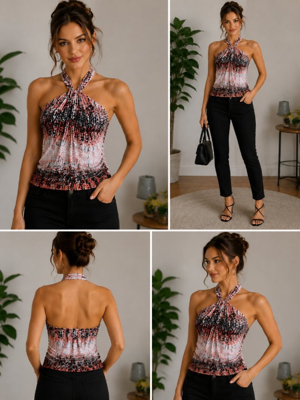 The Limited Halter Blouse XS Pink Black Abstract Ruched Side Stretch Top
